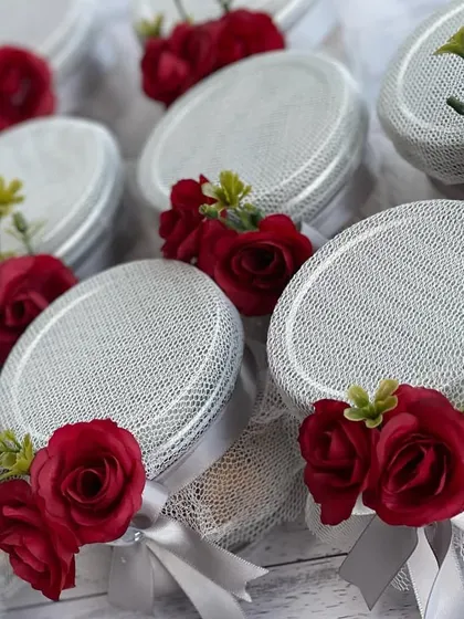 A top-down view of our beautifully decorated almond jars for Navratri.