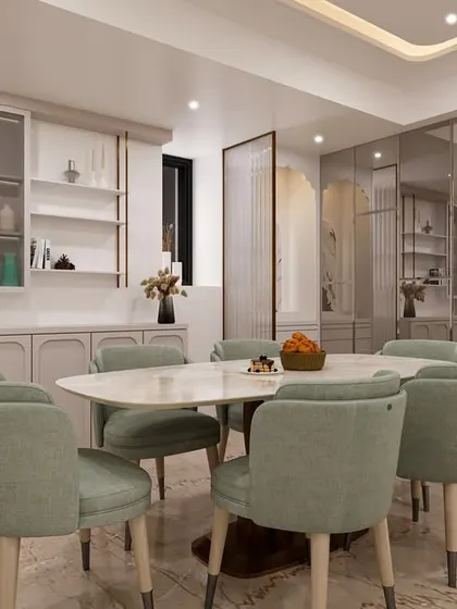 The dining area of the modern luxe living room, shown in a 3D view. The space features pastel green chairs, a marble table, and a large mirror wall to enhance the sense of openness.
