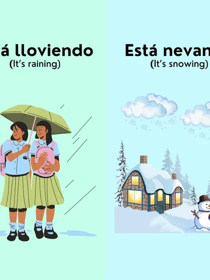 How's the weather? Learn to talk about the weather in Spanish with phrases like 'Está lloviendo' (It's raining) and 'Está nevando' (It's snowing).