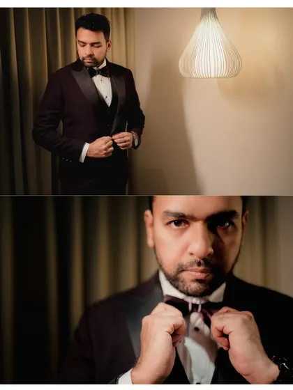 A collage of the groom getting ready for the reception. These detail shots capture the anticipation and style of the moment.