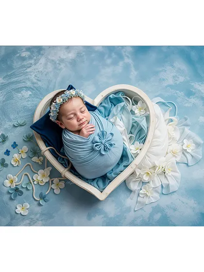 A serene newborn portrait in a heart-shaped bowl. The baby is swaddled in blue and surrounded by delicate flowers against a dreamy, cloud-like background.