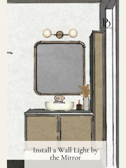 A wall light installed by the mirror is not just for aesthetics; it provides essential, shadow-free task lighting for grooming. This sketch shows how we plan for both function and style from the beginning.