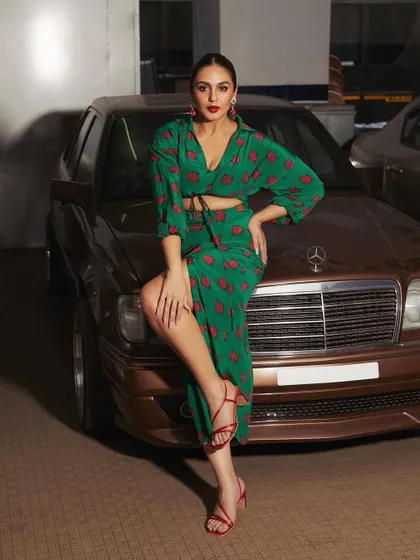 The full look of the Nautanky co-ord set. The tie-front top and slit skirt are modern and chic.