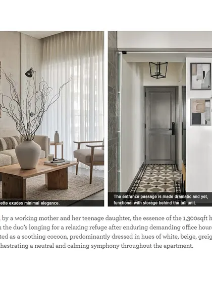 This featured image shows the earthy and minimal elegance of the Zen House. The living area is designed as a soothing cocoon for a mother and daughter, offering a relaxing refuge from demanding office life.