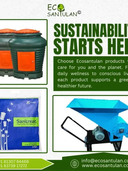 Sustainability starts with the right tools. This image showcases some of the products I offer for conscious living, including composters, Sanitreat powder, and even a shredder for larger organic waste.