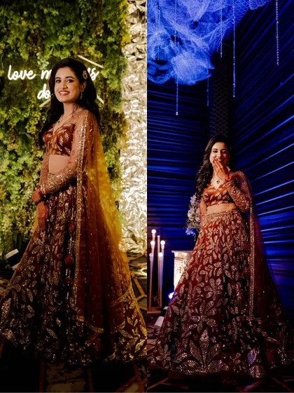 A diptych of the bride, Neha, looking radiant at her Sangeet. I captured her against two different backdrops, one natural and one dramatic blue, to showcase her stunning outfit and happy glow.