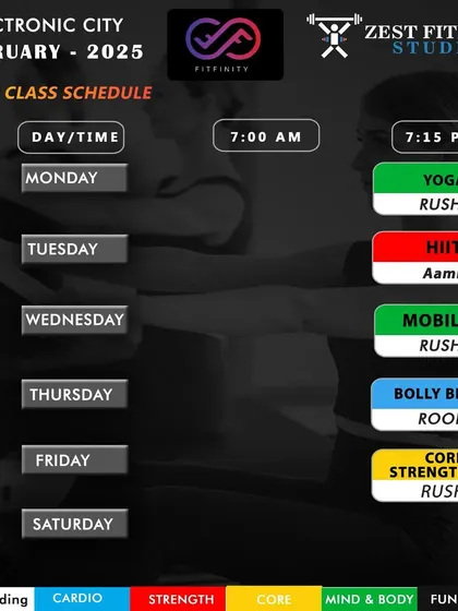 This was our schedule for February 2025, featuring a balanced weekly program of mind and body, strength, and cardio classes.