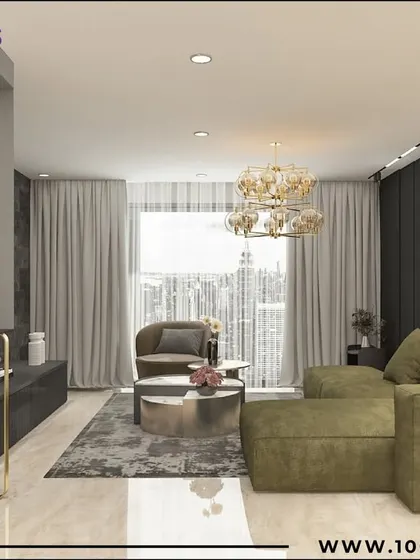 Our 'Zen Glam' 3BHK project in Pune combines tranquility with luxury. The living room features an olive green sectional sofa, a stunning feature wall with geometric lighting, and a Ganesha idol for a spiritual touch.