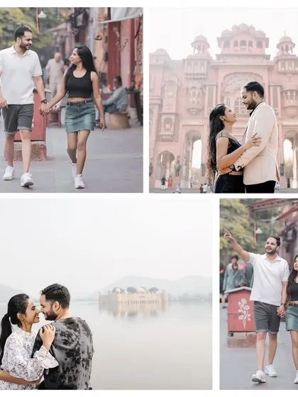 This collage documents a couple's day out in Jaipur, from casual walks through the city streets to romantic moments at Jal Mahal and in front of the city's pink architecture.