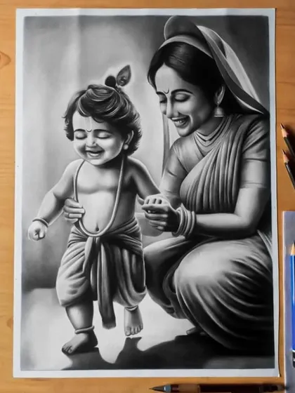 A heartwarming scene of Mother Yashoda with Bal Krishna, drawn in graphite. I wanted to capture the joy and love in their interaction, focusing on their smiling expressions.