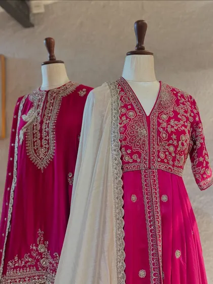 A closer look at the detailed embroidery on a Jayanti Reddy ensemble. The combination of different embroidery techniques creates a rich texture that is both beautiful and unique.