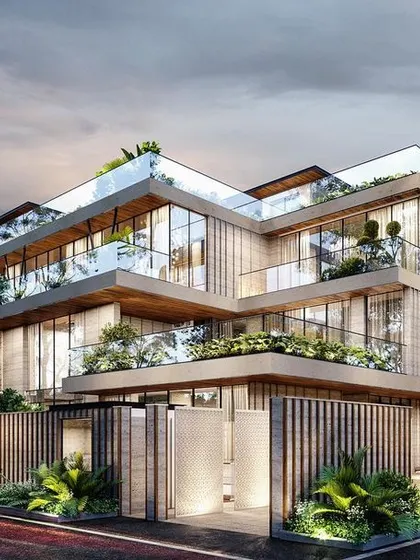 An evening render of our upcoming Noida residence. The lighting strategy is designed to accentuate the home's multi-level terraces and the rich material palette of stone, wood, and glass, creating a warm and inviting glow.