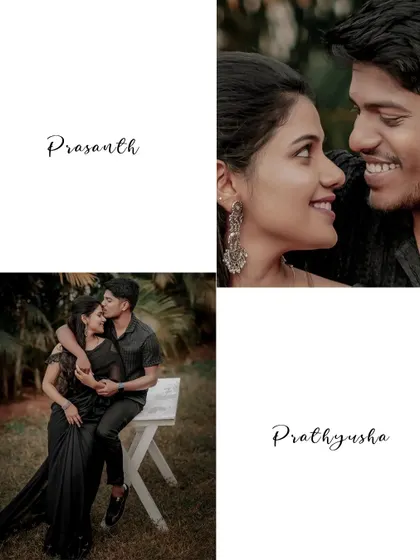 A collage introducing the couple, Prasanth and Prathyusha, with intimate and joyful portraits from their pre-wedding shoot.
