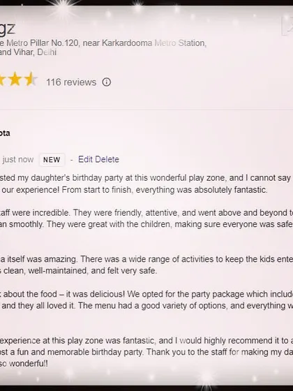 A screenshot of a 5-star Google review from a happy customer. She praises the attentive staff, the wide range of activities, and the delicious food from the party package.