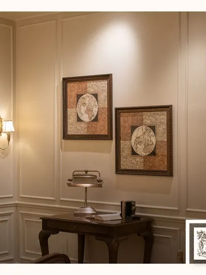 These vintage-inspired world map prints add a touch of sophistication and adventure to a study or office. The warm lighting and classic furniture create a cozy, scholarly ambiance.