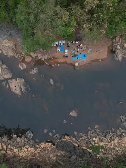 Another drone shot of our riverside camp, showing our isolation in the midst of nature.