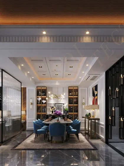 A grand view of the dining area, showcasing the coffered ceiling, built-in display cabinets, and the dramatic candle-like partition.