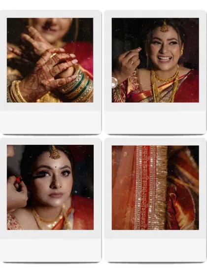 A polaroid-style collage of the bride's getting-ready moments. It captures her smiles, the details of her makeup, and her beautiful red and gold saree, telling a story in snippets.