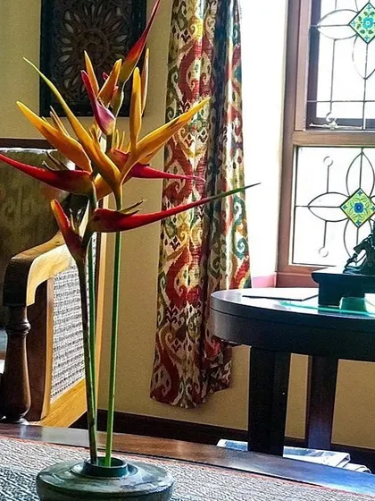 A detail shot from the Roopa Hariprasad Residence shows how we layer textures and patterns. The vibrant floral arrangement, patterned curtains, and decorative window grille come together to create a visually rich interior.