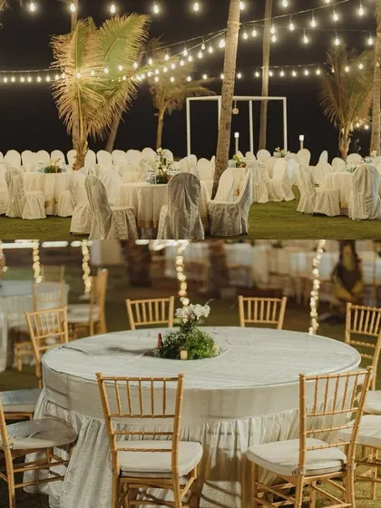 A beautiful outdoor reception seating arrangement under a canopy of string lights.