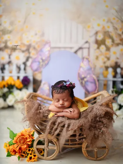 Sleeping soundly in a garden of daisies and butterflies. The textures of the pram and blanket add a cozy, rustic feel.