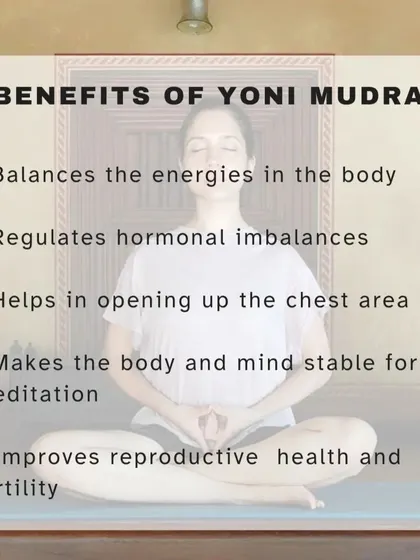 Yoni Mudra offers profound benefits, especially for women's health. As shown here, it helps balance the body's energies, regulate hormonal imbalances, and improve reproductive health, all while preparing the mind for a stable and deep meditation.