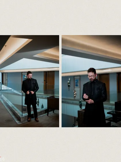 A pair of portraits showing the groom in a modern, multi-level space. The shots highlight his sharp outfit against the clean architectural lines of the interior.