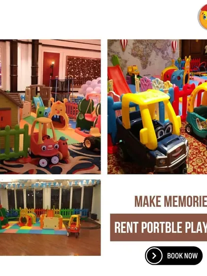 Make memories, rent a portable playzone. This collage shows three different indoor setups, all featuring my colorful and engaging toys, like playhouses and ride-on cars.