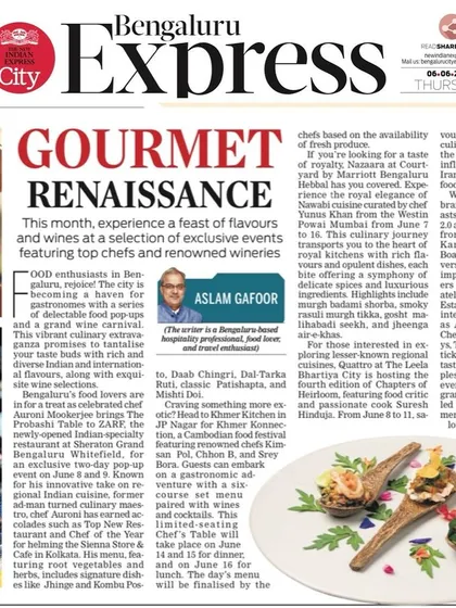 Our Wine Carnival was featured in the Bengaluru Express. The 'Gourmet Renaissance' article highlighted our event as a haven for food and wine lovers in the city.