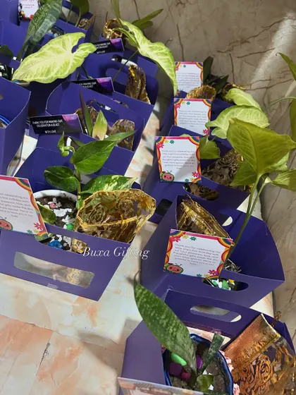 More of the sustainable lavender-themed hampers, showing the thank you cards attached to each one.