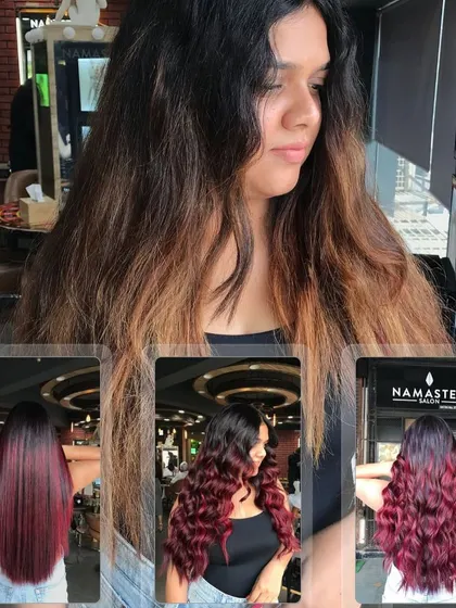 A collage showing the process and result of this stunning red wine hair transformation.