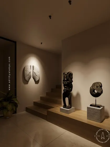 See how our precision spotlights can transform a hallway into a private art gallery. Here, focused beams of light highlight the unique textures and forms of sculptures and wall art, creating dramatic shadows and drawing the eye to each piece. This is accent lighting at its most effective, adding a layer of sophistication and drama.