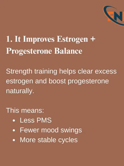 One of the key benefits of strength training is improving estrogen and progesterone balance. This can lead to less PMS, fewer mood swings, and more stable cycles naturally.