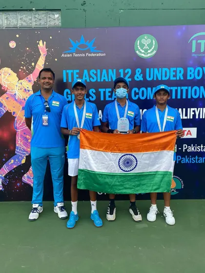 My role extends to shaping tennis at a national level. Here I am as the captain of the Indian U-12 boys' team, alongside the girls' team, as we prepared to compete in the ITF Asian Qualifying event in Pakistan. We guide players to represent their country.