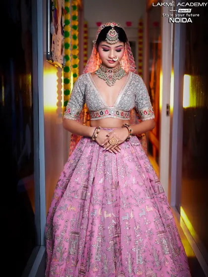 A full-length view of a modern pastel bride. Our training ensures that students can create a complete, harmonious look from head to toe, ready for any wedding event.