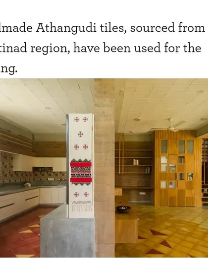 This feature notes the use of handmade Athangudi tiles for the flooring in "Breathe," a material sourced from the Chettinad region that adds a layer of traditional craft to the project.