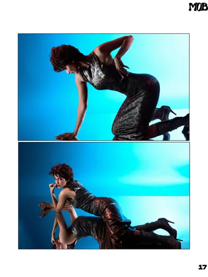 A two-panel layout from MOB Journal, showcasing dynamic and contorted poses against a vibrant blue background.