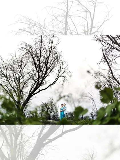 A collage of a couple against a dramatic, moody landscape. This highlights our ability to create atmospheric and cinematic images.