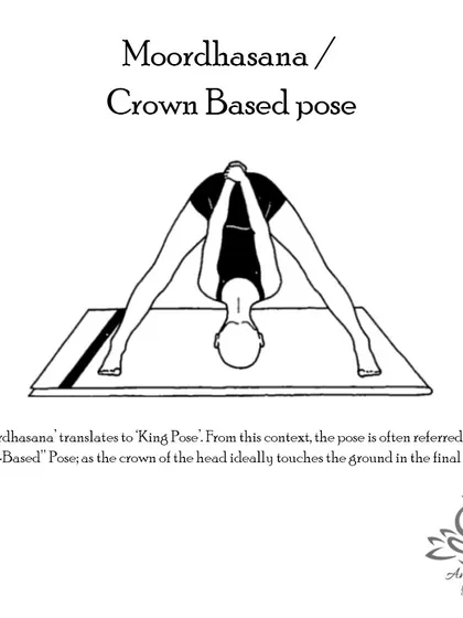 Moordhasana (Crown Based Pose) is a forward fold that activates hormones, strengthens the legs, and provides a grounding energy while increasing spine flexibility.
