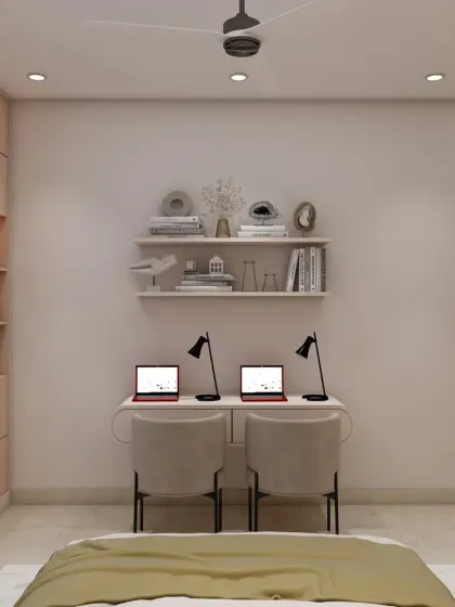 A closer look at the dual-person study area, with simple floating shelves for storage. The design is perfect for a kids' room or a work-from-home couple.