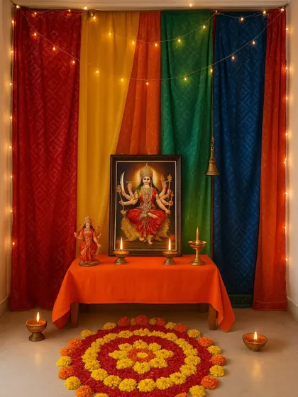I bring the vibrant spirit of Navratri to your home with thoughtful decor. This setup combines a colorful drape backdrop with string lights, a traditional marigold and rose petal rangoli, and classic brass diyas to create a warm and devotional pooja corner.