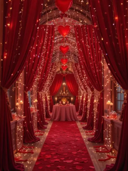 A romantic and dreamy entranceway defined by red drapes, twinkling fairy lights, and heart-shaped balloons. The path, scattered with rose petals, leads to an intimate dining setup, perfect for a special celebration.