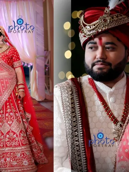 A side-by-side album layout showing both a full-length and a close-up portrait of the wedding couple.