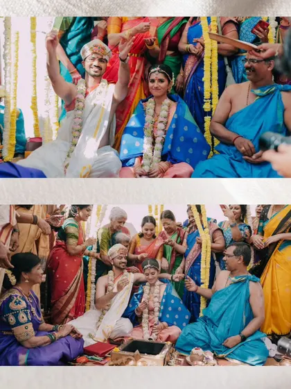 The couple enjoying the wedding rituals, surrounded by the vibrant colors of their families' attire.