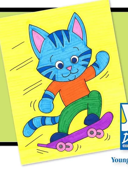 A cool cat on a skateboard. This drawing is a fun way to teach action poses, character design, and how to draw accessories, making the lesson relatable and exciting for kids.