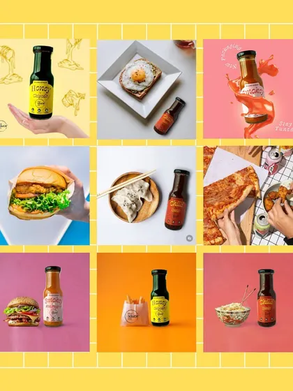 A collage showcasing the variety of our food photography styles. From bright and airy to dark and moody, we adapt our approach to fit the brand's identity and the specific food product.