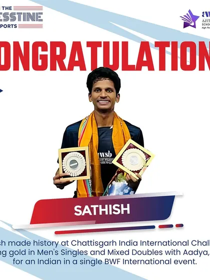 A historic achievement. Sathish won gold in both Men's Singles and Mixed Doubles at the Chattisgarh India International Challenge, a first for an Indian player in a single BWF event.