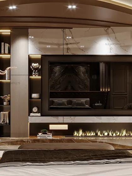 A close-up of the TV and fireplace wall, showcasing the intricate details of the custom storage and the beautiful texture of the wallpaper.