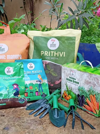 This is our organic gardening starter pack. It features our Bio-Organic Manure, Prithvi Soil Media, a gardening kit, and essential tools, giving you a complete set of products to make your garden flourish naturally.