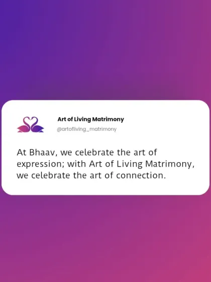 A tweet-style graphic stating, "At Bhaav, we celebrate the art of expression; with Art of Living Matrimony, we celebrate the art of connection." It links our service to the broader cultural events of the organization.